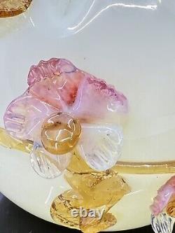 Antique Victorian Uranium Custard Ivory Blown Glass Rose Bowl Applied Flowers