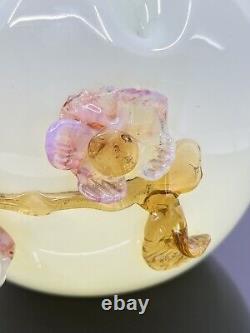 Antique Victorian Uranium Custard Ivory Blown Glass Rose Bowl Applied Flowers