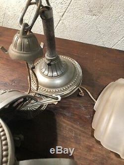 Antique Vintage 1930s Three Light Pink Slip Shade Art Deco Chandelier Jazz Age