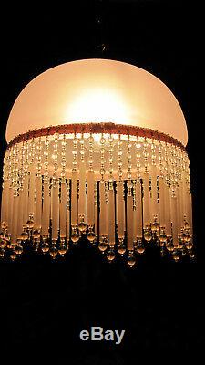 Antique Vintage Beads Hanging Pink Glass Lamp French Art Deco Brass Chandelier