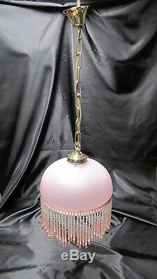 Antique Vintage Beads Hanging Pink Glass Lamp French Art Deco Brass Chandelier