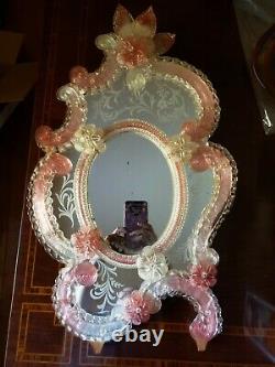 Antique Vintage Murano Glass Etched Mirror Pink Clear Venetian Italy large 24in