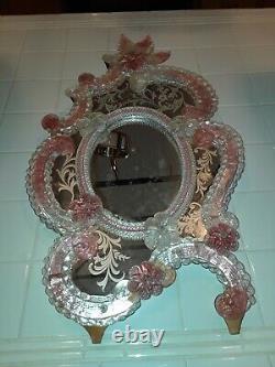 Antique Vintage Murano Glass Etched Mirror Pink Clear Venetian Italy large 24in