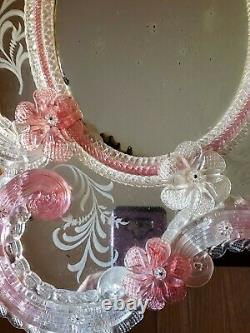 Antique Vintage Murano Glass Etched Mirror Pink Clear Venetian Italy large 24in