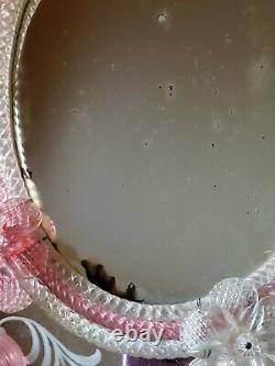 Antique Vintage Murano Glass Etched Mirror Pink Clear Venetian Italy large 24in