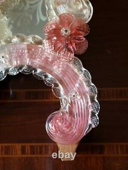 Antique Vintage Murano Glass Etched Mirror Pink Clear Venetian Italy large 24in