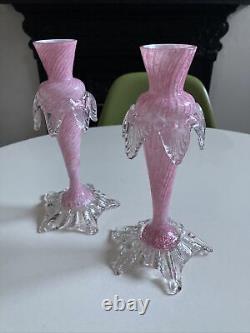 Antique Vintage Murano Venetian Art Glass Bud Vases Pair Pink