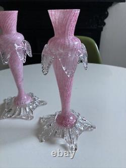 Antique Vintage Murano Venetian Art Glass Bud Vases Pair Pink
