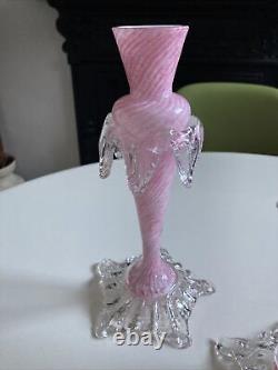 Antique Vintage Murano Venetian Art Glass Bud Vases Pair Pink