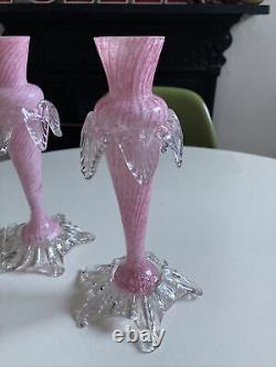 Antique Vintage Murano Venetian Art Glass Bud Vases Pair Pink