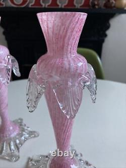 Antique Vintage Murano Venetian Art Glass Bud Vases Pair Pink