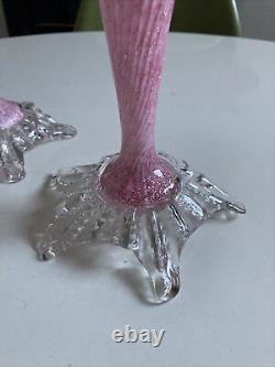 Antique Vintage Murano Venetian Art Glass Bud Vases Pair Pink