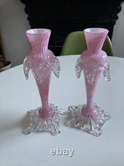 Antique Vintage Murano Venetian Art Glass Bud Vases Pair Pink