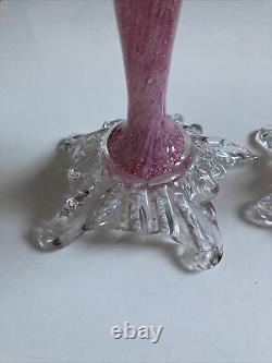 Antique Vintage Murano Venetian Art Glass Bud Vases Pair Pink