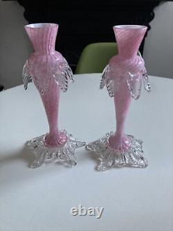 Antique Vintage Murano Venetian Art Glass Bud Vases Pair Pink