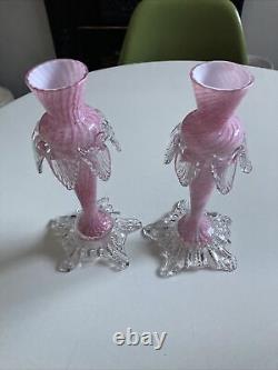 Antique Vintage Murano Venetian Art Glass Bud Vases Pair Pink