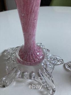 Antique Vintage Murano Venetian Art Glass Bud Vases Pair Pink