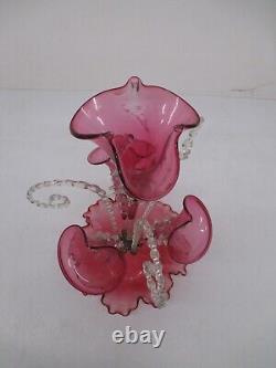 Antique Vtg Victorian Pink Cranberry Clear Art Glass Epergne 8pc Vase Bowl Lily