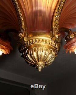 Antique bronze French Art Deco pink rose glass slip shade chandelier France