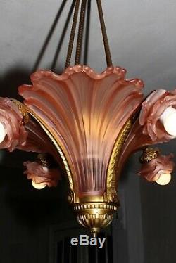 Antique bronze French Art Deco pink rose glass slip shade chandelier France