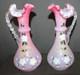 Antique pair Victorian Glass Jugs Ornate Hand-blown Intricate Pink Pitcher Vases