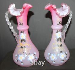 Antique pair Victorian Glass Jugs Ornate Hand-blown Intricate Pink Pitcher Vases