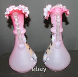 Antique pair Victorian Glass Jugs Ornate Hand-blown Intricate Pink Pitcher Vases