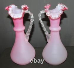 Antique pair Victorian Glass Jugs Ornate Hand-blown Intricate Pink Pitcher Vases
