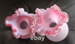 Antique pair Victorian Glass Jugs Ornate Hand-blown Intricate Pink Pitcher Vases