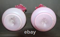Antique pair Victorian Glass Jugs Ornate Hand-blown Intricate Pink Pitcher Vases