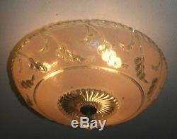 Antique pink glass semi flush original 1940s art deco light fixture chandelier