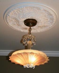 Antique pink glass sunflower art deco light fixture ceiling chandelier 1940s