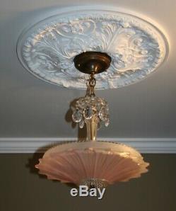Antique pink glass sunflower art deco light fixture ceiling chandelier 1940s