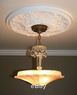 Antique pink glass sunflower art deco light fixture ceiling chandelier 1940s