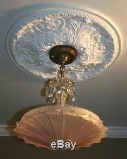 Antique pink glass sunflower art deco light fixture ceiling chandelier 1940s