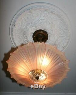 Antique pink glass sunflower art deco light fixture ceiling chandelier 1940s