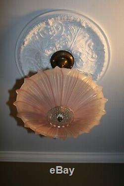 Antique pink glass sunflower art deco light fixture ceiling chandelier 1940s