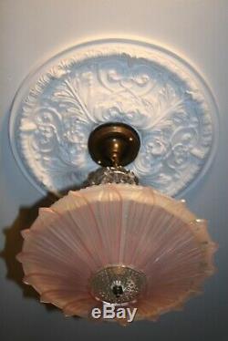 Antique pink glass sunflower art deco light fixture ceiling chandelier 1940s