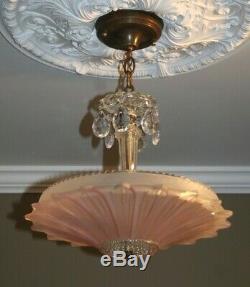 Antique pink glass sunflower shade Art Deco ceiling light fixture custom built