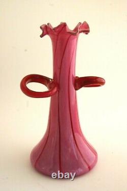 Antonio Garcia Signed Red And Pink 2 Handled Blown Art Glass Vase