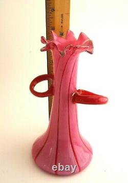 Antonio Garcia Signed Red And Pink 2 Handled Blown Art Glass Vase