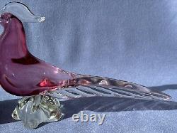 Archimede Seguso Murano Art Glass Cranberry Pink cute Bird Pheasant Tail