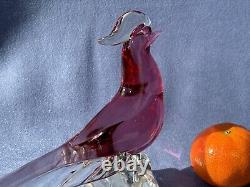 Archimede Seguso Murano Art Glass Cranberry Pink cute Bird Pheasant Tail