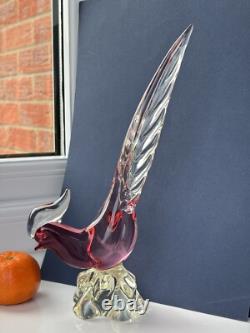 Archimede Seguso Murano Art Glass Crystal Cranberry Pink Lovely Bird Pheasant