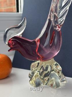 Archimede Seguso Murano Art Glass Crystal Cranberry Pink Lovely Bird Pheasant