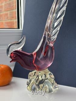 Archimede Seguso Murano Art Glass Crystal Cranberry Pink Lovely Bird Pheasant