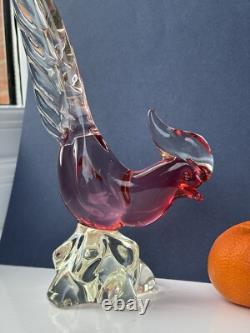 Archimede Seguso Murano Art Glass Crystal Cranberry Pink Lovely Bird Pheasant