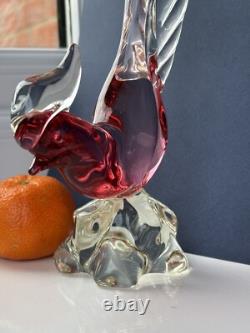 Archimede Seguso Murano Art Glass Crystal Cranberry Pink Lovely Bird Pheasant