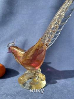 Archimede Seguso Murano Art Glass Pink Gold Aventurine Bird Pheasant on branch