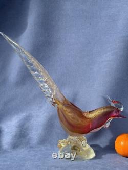 Archimede Seguso Murano Art Glass Pink Gold Aventurine Bird Pheasant on branch